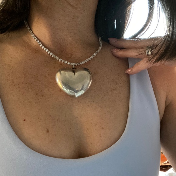 Artisan Jewelry - Sterling CZ Tennis Necklace w/ Huge Sterling Heart Pendant